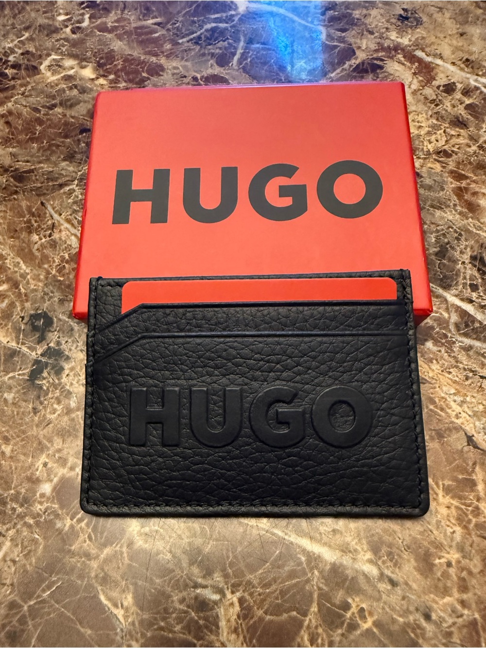 Hugo Boss Black Pebbled Leather Card Case with Embossed Logo
